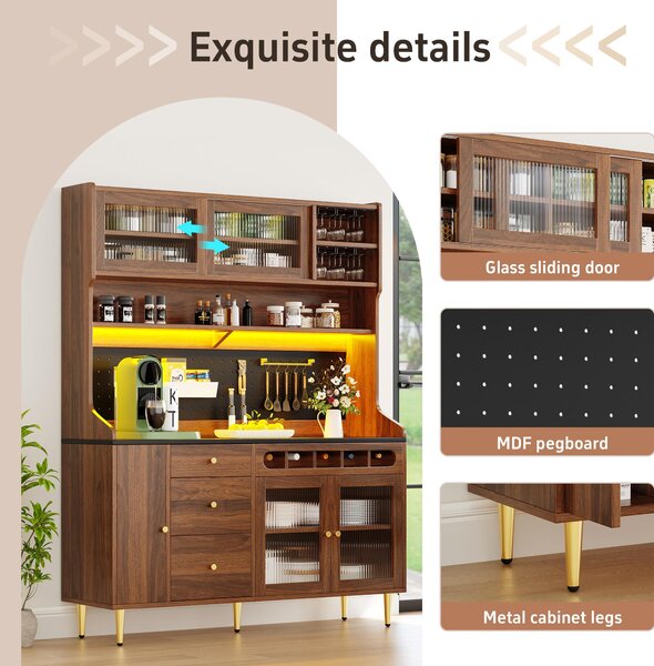 Stylish Highboard with LED Lighting & App Control, Freestanding Storage Cabinet with Adjustable Shelves, 145L x 39W x 171H cm, Walnut Aosom UK