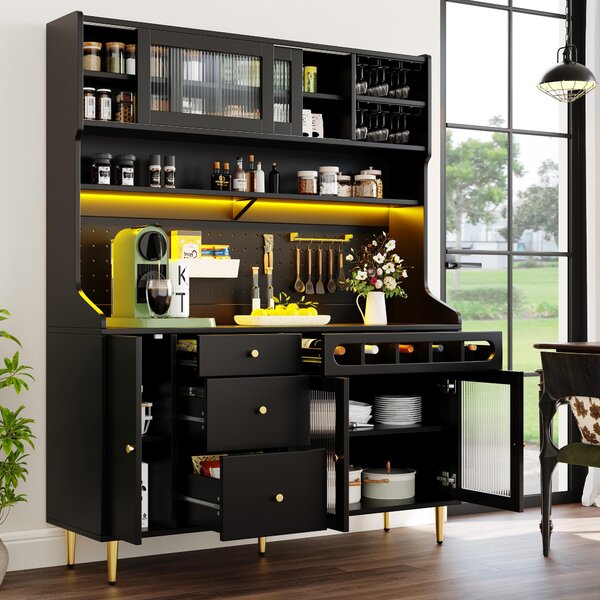 Modern Highboard with LED Lighting & Adjustable Shelves, Freestanding Cabinet with Pull-Out Wine Rack, 145L x 39W x 171H cm, Black Aosom UK