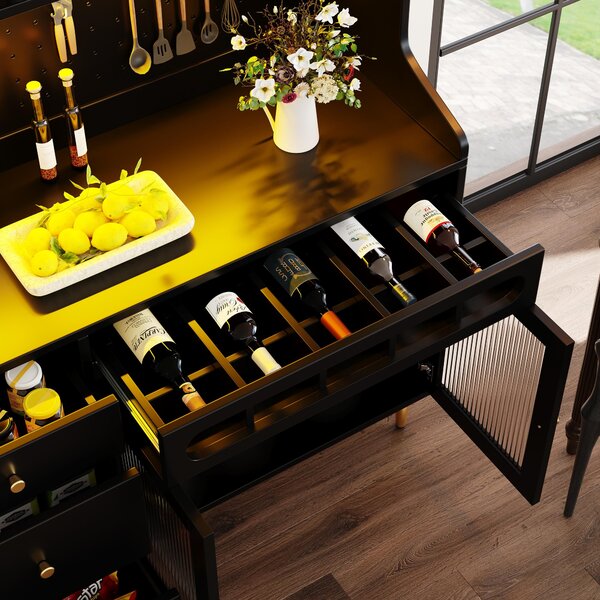 Modern Highboard with LED Lighting & Adjustable Shelves, Freestanding Cabinet with Pull-Out Wine Rack, 145L x 39W x 171H cm, Black Aosom UK