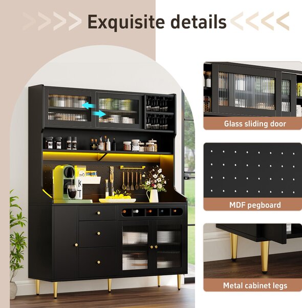 Modern Highboard with LED Lighting & Adjustable Shelves, Freestanding Cabinet with Pull-Out Wine Rack, 145L x 39W x 171H cm, Black Aosom UK