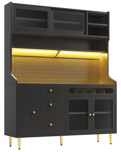 Modern Highboard with LED Lighting & Adjustable Shelves, Freestanding Cabinet with Pull-Out Wine Rack, 145L x 39W x 171H cm, Black Aosom UK