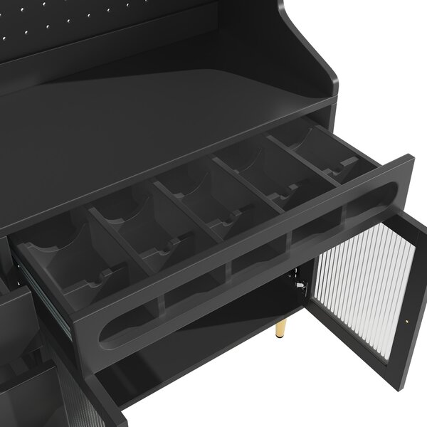 Modern Highboard with LED Lighting & Adjustable Shelves, Freestanding Cabinet with Pull-Out Wine Rack, 145L x 39W x 171H cm, Black Aosom UK