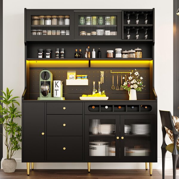Modern Highboard with LED Lighting & Adjustable Shelves, Freestanding Cabinet with Pull-Out Wine Rack, 145L x 39W x 171H cm, Black Aosom UK