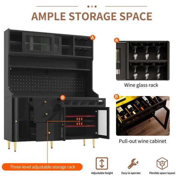 Modern Highboard with LED Lighting & Adjustable Shelves, Freestanding Cabinet with Pull-Out Wine Rack, 145L x 39W x 171H cm, Black Aosom UK