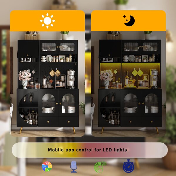 Tall Kitchen Cabinet with Built‑In Power Outlets & 2 USB Ports, Modern Sideboard with App-Controlled LED, 120L x 40W x 176H cm, Black Aosom UK