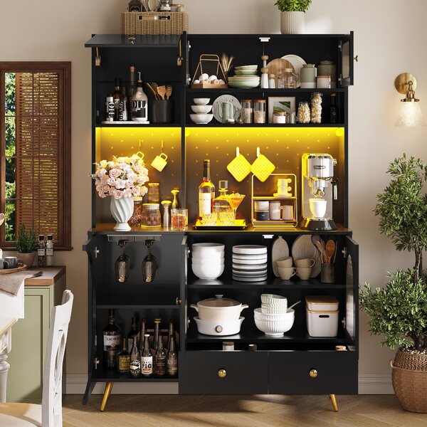 Tall Kitchen Cabinet with Built‑In Power Outlets & 2 USB Ports, Modern Sideboard with App-Controlled LED, 120L x 40W x 176H cm, Black Aosom UK