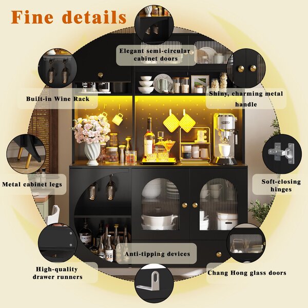 Tall Kitchen Cabinet with Built‑In Power Outlets & 2 USB Ports, Modern Sideboard with App-Controlled LED, 120L x 40W x 176H cm, Black Aosom UK