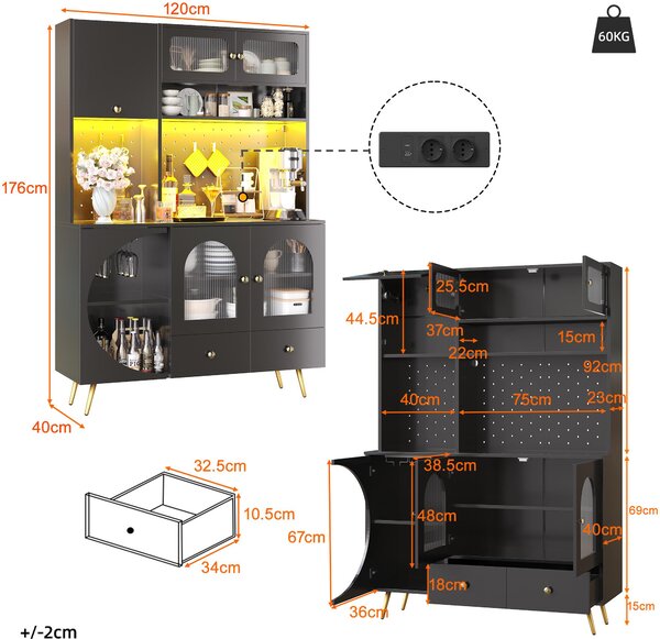 Tall Kitchen Cabinet with Built‑In Power Outlets & 2 USB Ports, Modern Sideboard with App-Controlled LED, 120L x 40W x 176H cm, Black Aosom UK