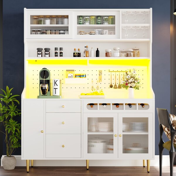 Freestanding Highboard with LED Lighting & Pull-Out Wine Rack, Tall Storage Cabinet with Sliding Glass Doors, 145L x 39W x 171H cm, White Aosom UK