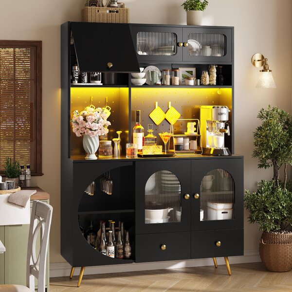 Tall Kitchen Cabinet with Built‑In Power Outlets & 2 USB Ports, Modern Sideboard with App-Controlled LED, 120L x 40W x 176H cm, Black Aosom UK