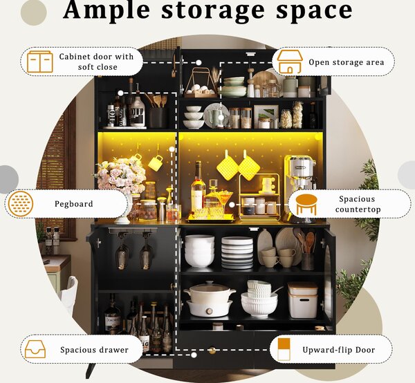 Tall Kitchen Cabinet with Built‑In Power Outlets & 2 USB Ports, Modern Sideboard with App-Controlled LED, 120L x 40W x 176H cm, Black Aosom UK