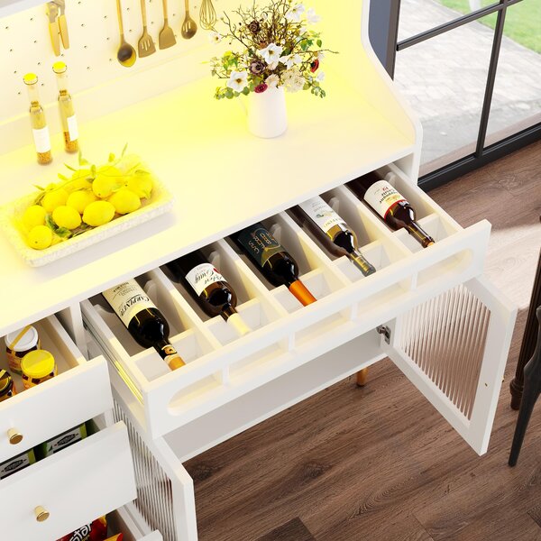 Freestanding Highboard with LED Lighting & Pull-Out Wine Rack, Tall Storage Cabinet with Sliding Glass Doors, 145L x 39W x 171H cm, White Aosom UK