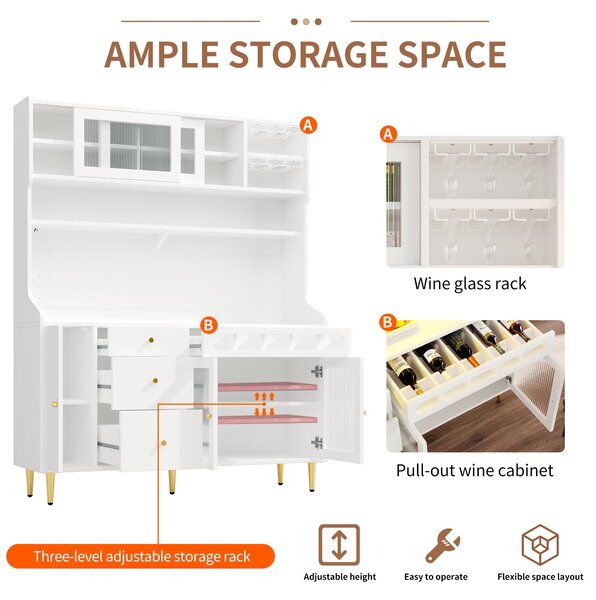 Freestanding Highboard with LED Lighting & Pull-Out Wine Rack, Tall Storage Cabinet with Sliding Glass Doors, 145L x 39W x 171H cm, White Aosom UK