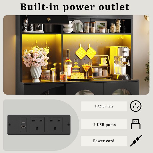 Tall Kitchen Cabinet with Built‑In Power Outlets & 2 USB Ports, Modern Sideboard with App-Controlled LED, 120L x 40W x 176H cm, Black Aosom UK