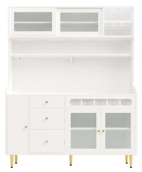 Freestanding Highboard with LED Lighting & Pull-Out Wine Rack, Tall Storage Cabinet with Sliding Glass Doors, 145L x 39W x 171H cm, White Aosom UK