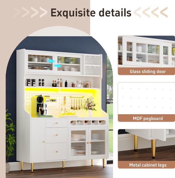Freestanding Highboard with LED Lighting & Pull-Out Wine Rack, Tall Storage Cabinet with Sliding Glass Doors, 145L x 39W x 171H cm, White Aosom UK