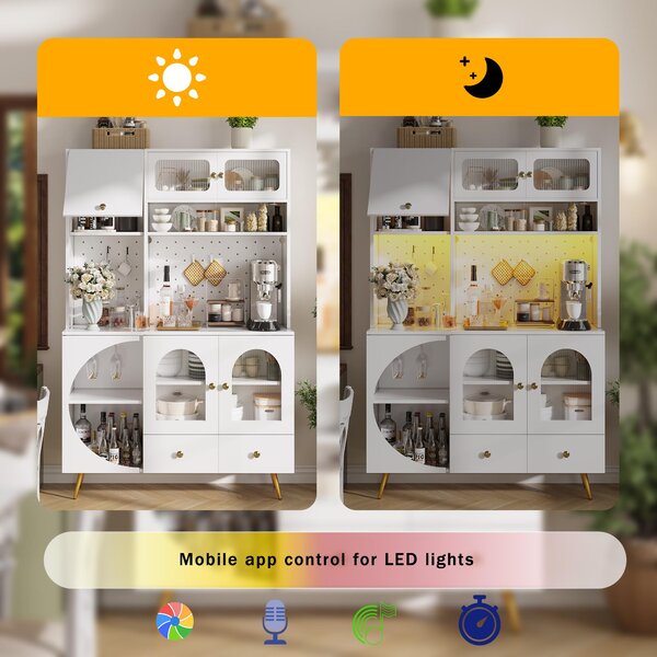 Tall Kitchen Cabinet with Built‑In Power Outlets & 2 USB Ports, Modern Sideboard with App-Controlled LED, 120L x 40W x 176H cm, White Aosom UK