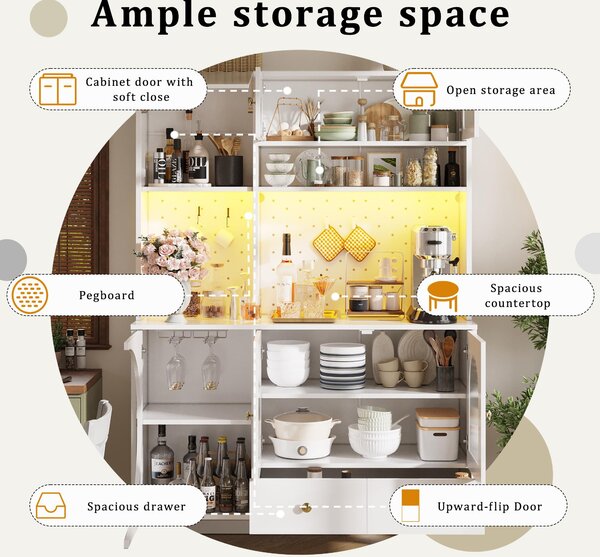 Tall Kitchen Cabinet with Built‑In Power Outlets & 2 USB Ports, Modern Sideboard with App-Controlled LED, 120L x 40W x 176H cm, White Aosom UK