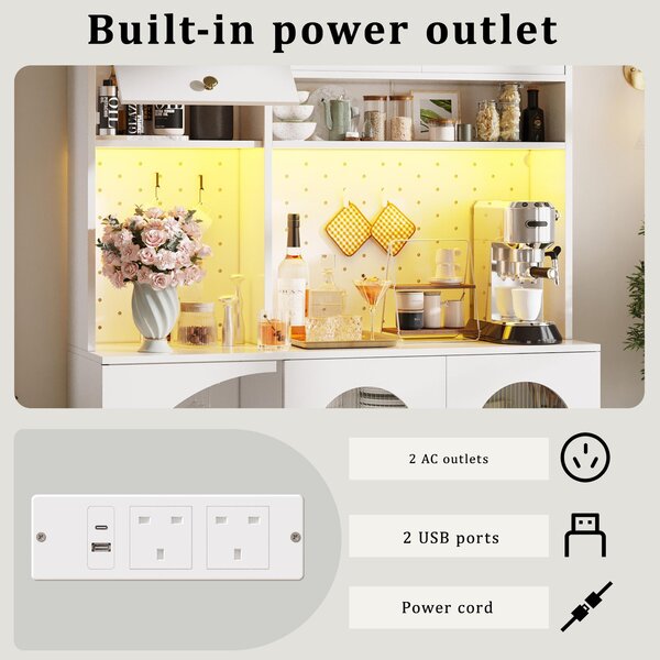 Tall Kitchen Cabinet with Built‑In Power Outlets & 2 USB Ports, Modern Sideboard with App-Controlled LED, 120L x 40W x 176H cm, White Aosom UK