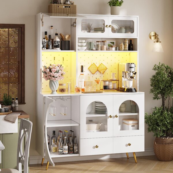 Tall Kitchen Cabinet with Built‑In Power Outlets & 2 USB Ports, Modern Sideboard with App-Controlled LED, 120L x 40W x 176H cm, White Aosom UK