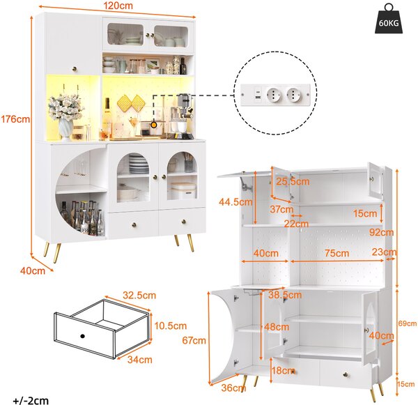 Tall Kitchen Cabinet with Built‑In Power Outlets & 2 USB Ports, Modern Sideboard with App-Controlled LED, 120L x 40W x 176H cm, White Aosom UK