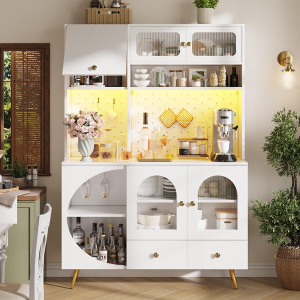 Tall Kitchen Cabinet with Built‑In Power Outlets & 2 USB Ports, Modern Sideboard with App-Controlled LED, 120L x 40W x 176H cm, White Aosom UK