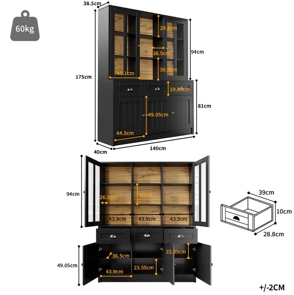 Freestanding Display Cabinet with Adjustable Shelves & Soft-Close Hinges, Tall Sideboard for Living Area, 140L x 38.5W x 175H cm, Black Aosom UK