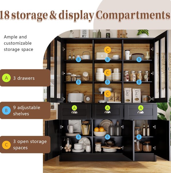 Freestanding Display Cabinet with Adjustable Shelves & Soft-Close Hinges, Tall Sideboard for Living Area, 140L x 38.5W x 175H cm, Black Aosom UK