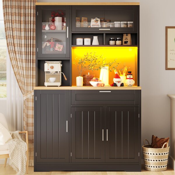 Tall Display Cabinet with USB-Powered App-Controlled LED Lighting, Modern Sideboard for Kitchen, Living Areas, 104L x 40W x 180H cm, Black Aosom UK