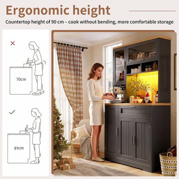 Tall Display Cabinet with USB-Powered App-Controlled LED Lighting, Modern Sideboard for Kitchen, Living Areas, 104L x 40W x 180H cm, Black Aosom UK