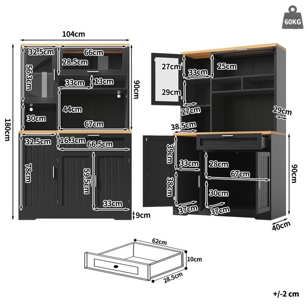 Tall Display Cabinet with USB-Powered App-Controlled LED Lighting, Modern Sideboard for Kitchen, Living Areas, 104L x 40W x 180H cm, Black Aosom UK