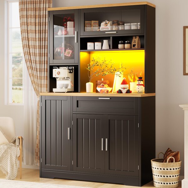 Tall Display Cabinet with USB-Powered App-Controlled LED Lighting, Modern Sideboard for Kitchen, Living Areas, 104L x 40W x 180H cm, Black Aosom UK