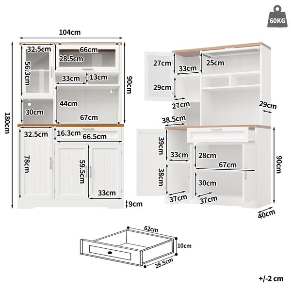 Tall Display Cabinet with 3-Door Storage and Large Worktop, Versatile Sideboard for Kitchen and Living Area, 104L x 40W x 180H cm, White Aosom UK