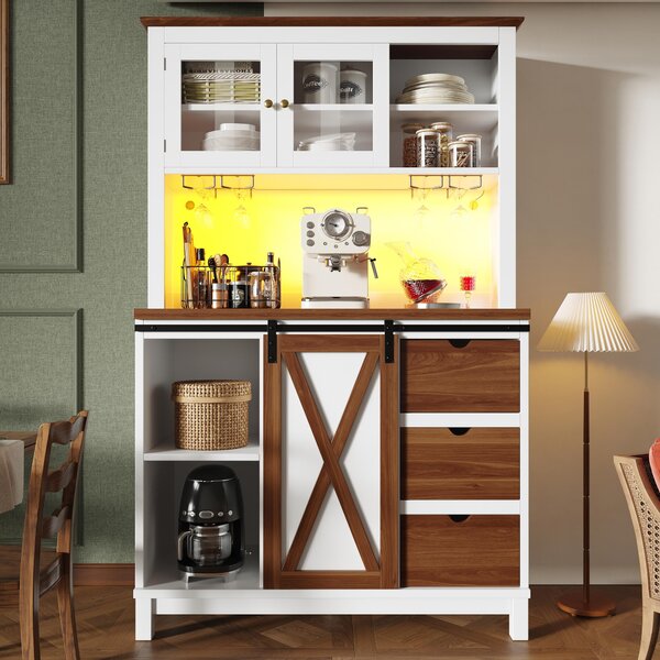 Modern Cabinet with App-Controlled RGB LED Lighting and Music Sync, Tall Sideboard with Adjustable Shelves, 104L x 40W x 180H cm, White Aosom UK