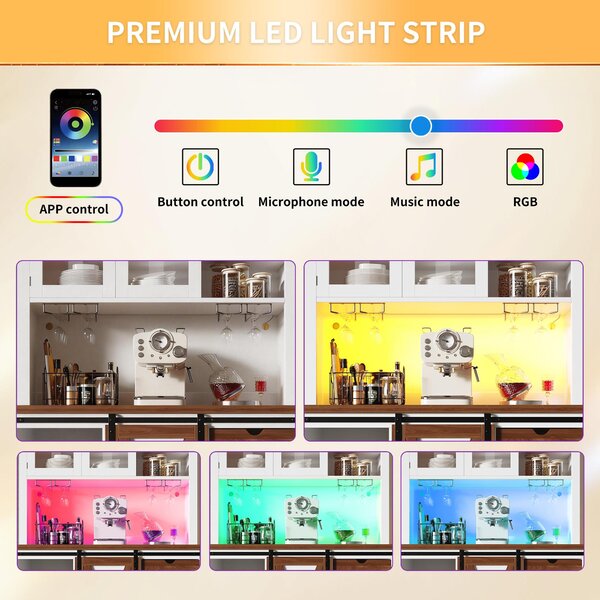 Modern Cabinet with App-Controlled RGB LED Lighting and Music Sync, Tall Sideboard with Adjustable Shelves, 104L x 40W x 180H cm, White Aosom UK