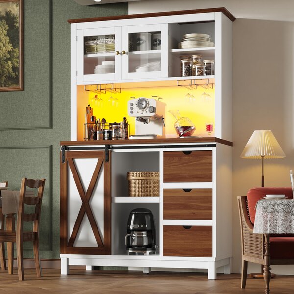 Modern Cabinet with App-Controlled RGB LED Lighting and Music Sync, Tall Sideboard with Adjustable Shelves, 104L x 40W x 180H cm, White Aosom UK