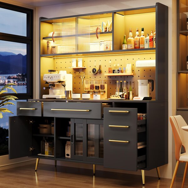 Modern Sideboard with App-Controlled LED Lighting and Music Mode, Tall Cabinet for Kitchen and Living Room, 145L x 39W x 171H cm, Black Aosom UK