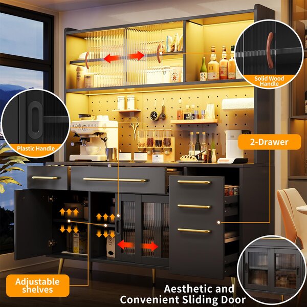 Modern Sideboard with App-Controlled LED Lighting and Music Mode, Tall Cabinet for Kitchen and Living Room, 145L x 39W x 171H cm, Black Aosom UK