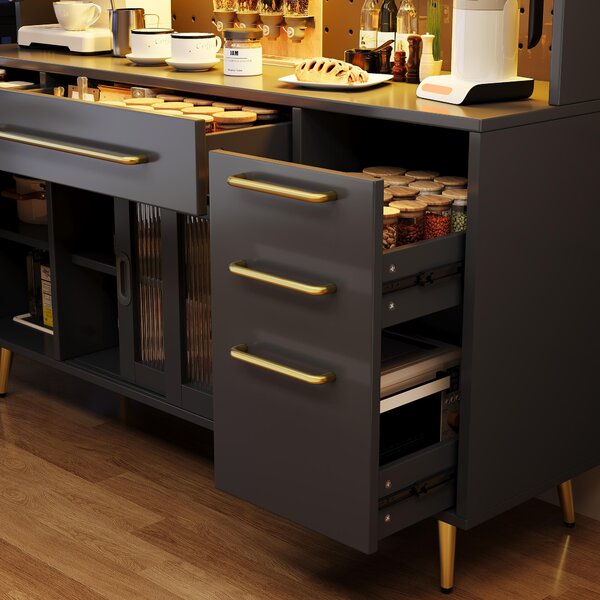 Modern Sideboard with App-Controlled LED Lighting and Music Mode, Tall Cabinet for Kitchen and Living Room, 145L x 39W x 171H cm, Black Aosom UK