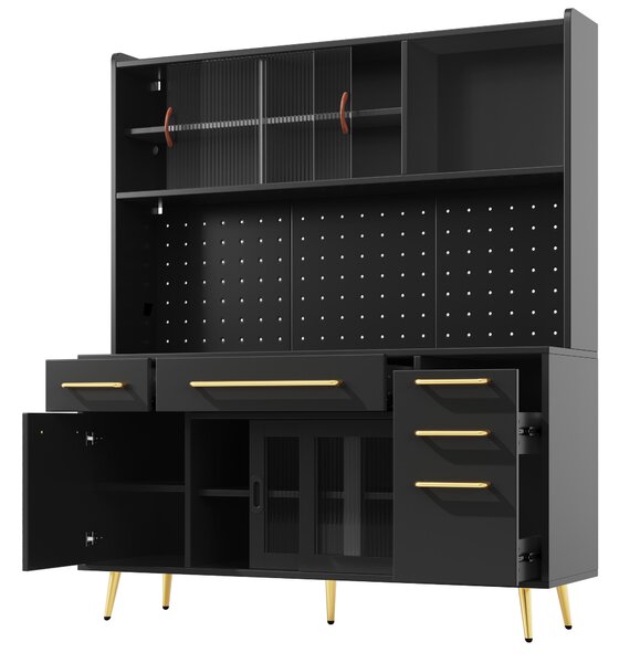 Modern Sideboard with App-Controlled LED Lighting and Music Mode, Tall Cabinet for Kitchen and Living Room, 145L x 39W x 171H cm, Black Aosom UK