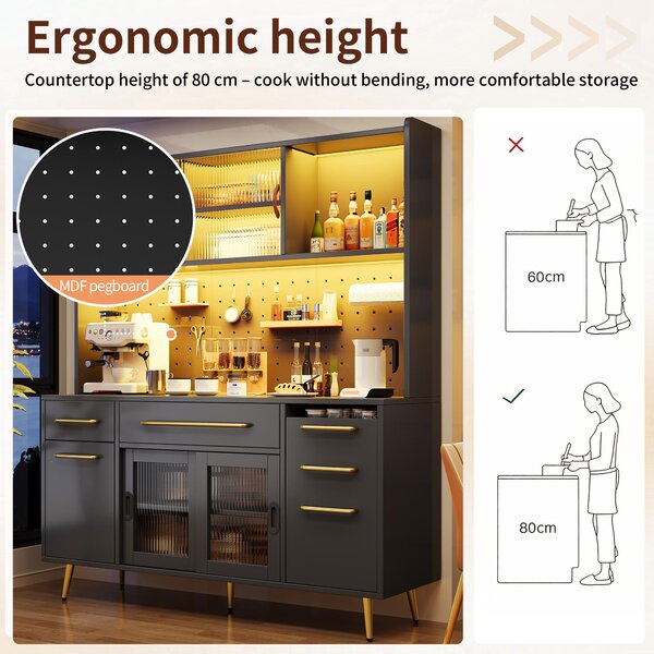 Modern Sideboard with App-Controlled LED Lighting and Music Mode, Tall Cabinet for Kitchen and Living Room, 145L x 39W x 171H cm, Black Aosom UK