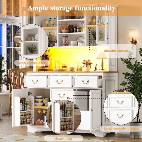 Tall Kitchen Cabinet with USB Ports & Ergonomic Worktop, Stylish Sideboard with Adjustable Shelves, 118L x 39.5W x 180H cm, White Aosom UK