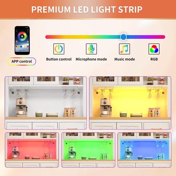 Stylish Sideboard with App-Controlled Built-In LED Light Strip, Practical Cabinet for Kitchen & Living Area, 105.5L x 40W x 180H cm, White Aosom UK