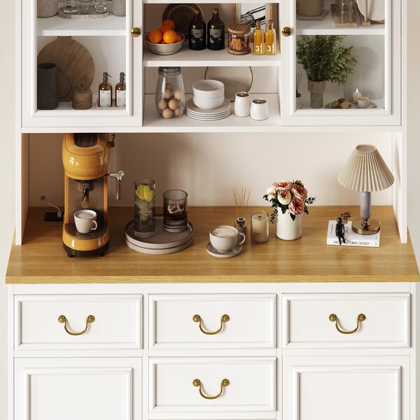 Tall Kitchen Cabinet with USB Ports & Ergonomic Worktop, Stylish Sideboard with Adjustable Shelves, 118L x 39.5W x 180H cm, White Aosom UK