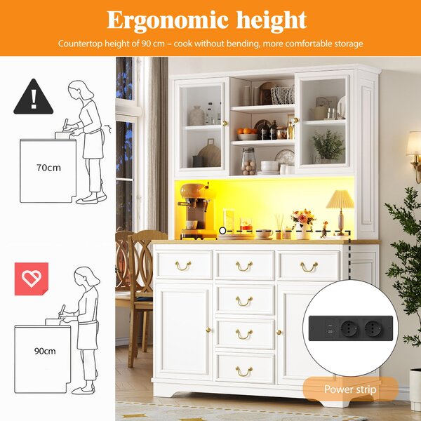 Tall Kitchen Cabinet with USB Ports & Ergonomic Worktop, Stylish Sideboard with Adjustable Shelves, 118L x 39.5W x 180H cm, White Aosom UK