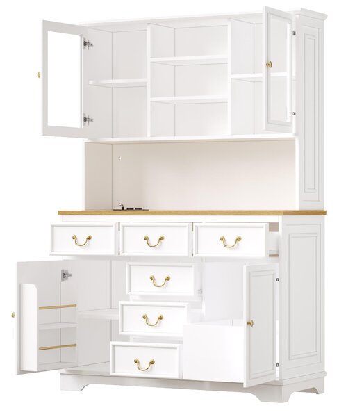 Tall Kitchen Cabinet with USB Ports & Ergonomic Worktop, Stylish Sideboard with Adjustable Shelves, 118L x 39.5W x 180H cm, White Aosom UK
