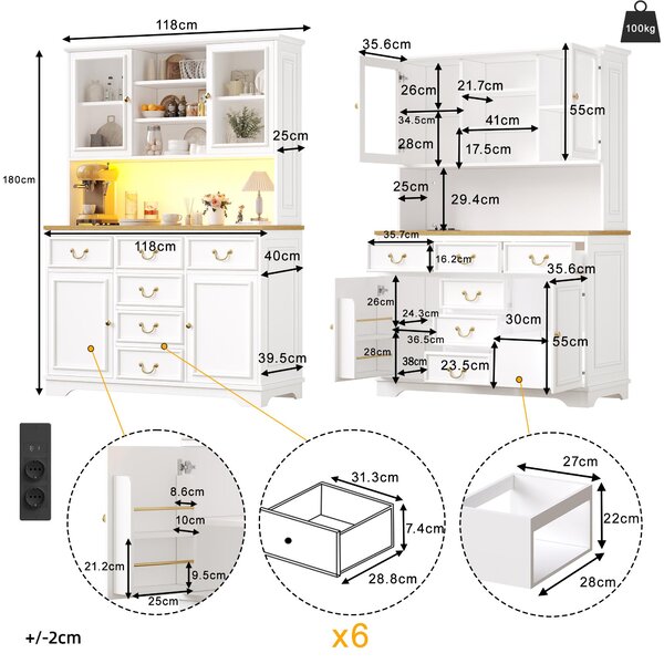 Tall Kitchen Cabinet with USB Ports & Ergonomic Worktop, Stylish Sideboard with Adjustable Shelves, 118L x 39.5W x 180H cm, White Aosom UK