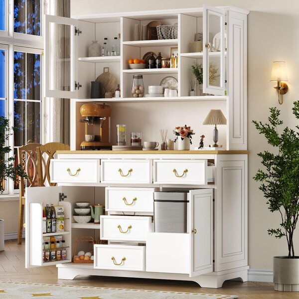Tall Kitchen Cabinet with USB Ports & Ergonomic Worktop, Stylish Sideboard with Adjustable Shelves, 118L x 39.5W x 180H cm, White Aosom UK