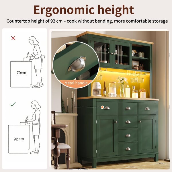 Farmhouse Style Sideboard with Spacious Shelves and Drawers, Versatile Storage Cabinet with Drink Holders, 104L x 40W x 180H cm, Green Aosom UK