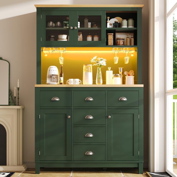 Farmhouse Style Sideboard with Spacious Shelves and Drawers, Versatile Storage Cabinet with Drink Holders, 104L x 40W x 180H cm, Green Aosom UK